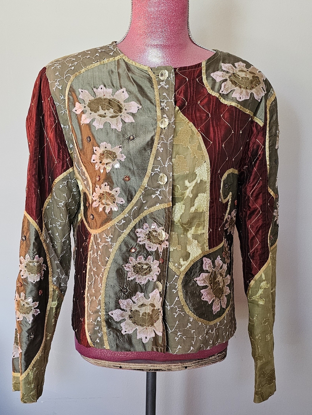 Sandy Starkman Blouse Silk Green Floral Embroidered Jacket Size Large